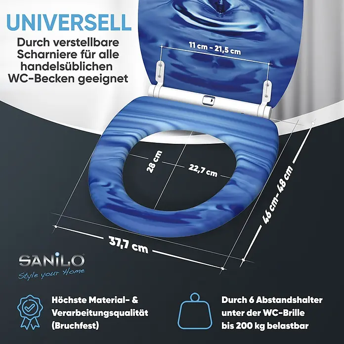 SANILO WC-Sitz Tropfen mit Schnellverschluss - MDF, Blau, Mit Absenkautomatik - Blauer WC-Sitz mit Wasserwellenmuster. Universell passend dank verstellbarer Scharniere, bis 200kg belastbar, Maße angegeben.