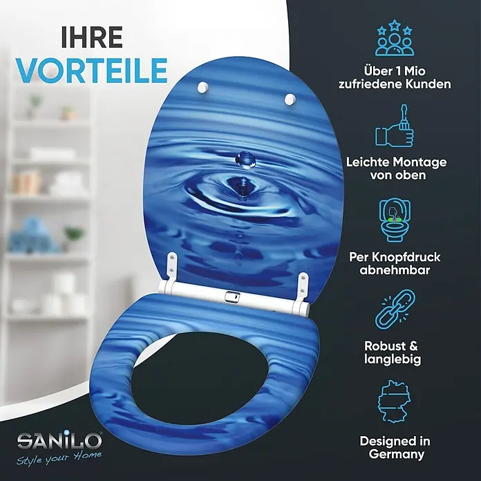 SANILO WC-Sitz Tropfen mit Schnellverschluss - MDF, Blau, Mit Absenkautomatik - Blauer Toilettensitz mit Wassertropfen-Design, hebt einfache Top-Montage, Schnellverschluss, Robustheit und deutsches Design hervor.