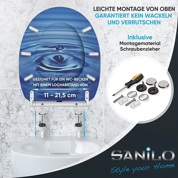 SANILO WC-Sitz Tropfen mit Schnellverschluss - MDF, Blau, Mit Absenkautomatik - Blauer WC-Sitz mit Wasserwellen-Design, zeigt stabile Top-Montage und verstellbaren Lochabstand. Inklusive Montagematerial und Schraubendreher.