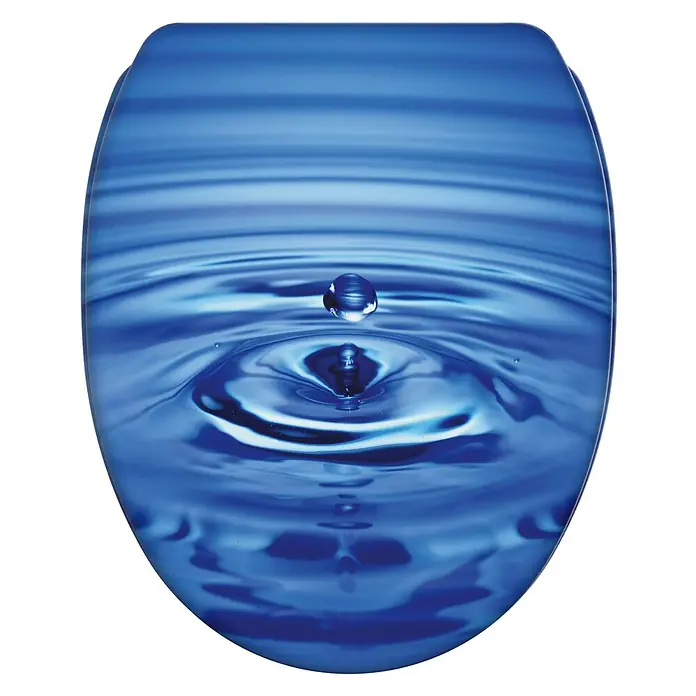 SANILO WC-Sitz Tropfen mit Schnellverschluss - MDF, Blau, Mit Absenkautomatik - Toilettensitz mit lebhaftem blauem Wasserkräuselungs- und Wassertropfendesign.