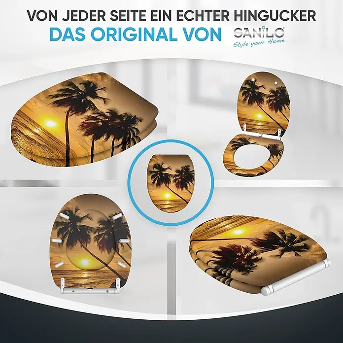 SANILO WC-Sitz Summer mit Schnellverschluss - MDF, Orange, Mit Absenkautomatik - Toilettensitz mit Palmenstrand-Sonnenuntergangsmotiv, aus verschiedenen Perspektiven (geschlossen und offen) dargestellt.