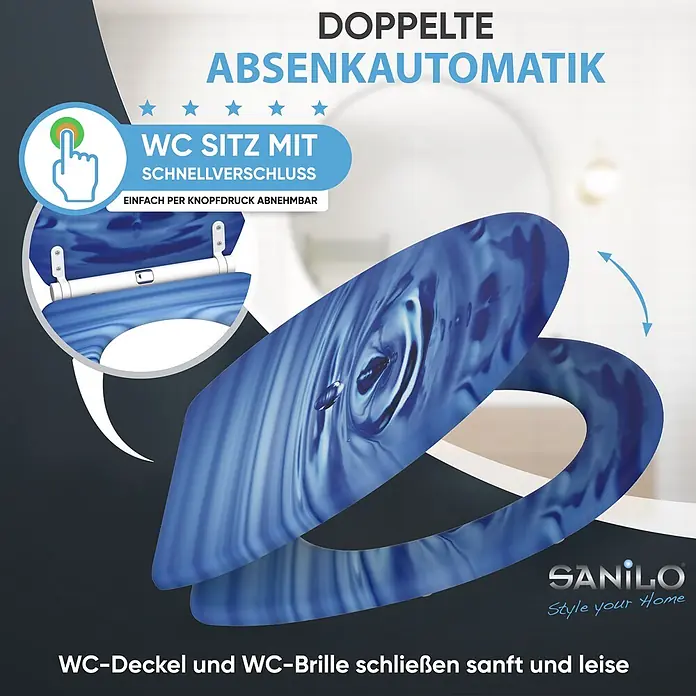 SANILO WC-Sitz Tropfen mit Schnellverschluss - MDF, Blau, Mit Absenkautomatik - Blau gemusterter WC-Sitz mit Absenkautomatik und Schnellverschluss.