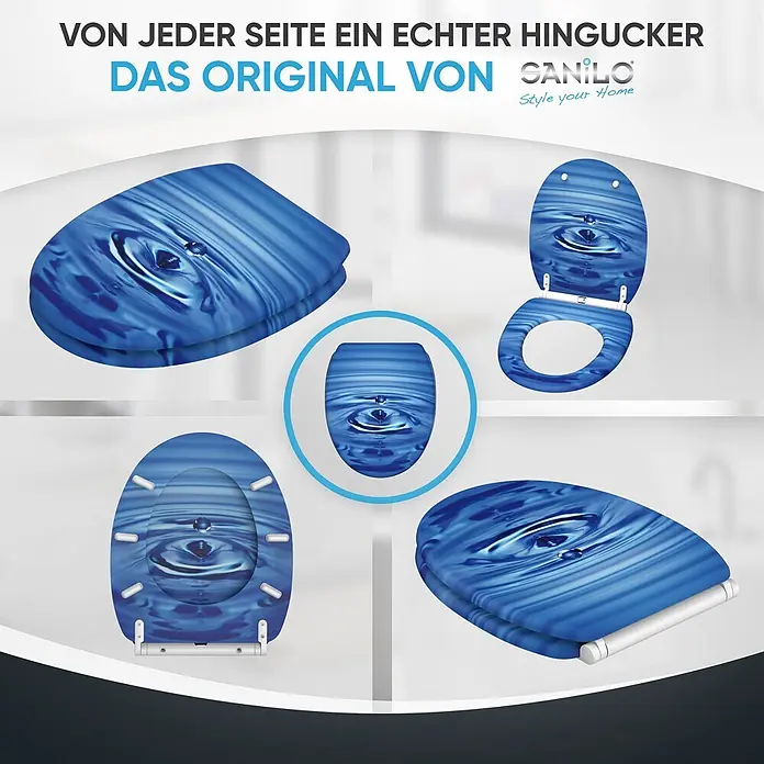 SANILO WC-Sitz Tropfen mit Schnellverschluss - MDF, Blau, Mit Absenkautomatik - Blauer Toilettensitz mit Wassertropfen- und Wellenmuster.