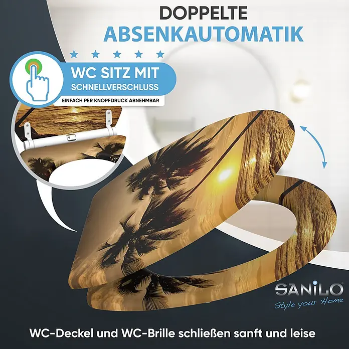 SANILO WC-Sitz Summer mit Schnellverschluss - MDF, Orange, Mit Absenkautomatik - WC-Sitz mit tropischem Sonnenuntergang-Design, Absenkautomatik und Schnellverschluss.