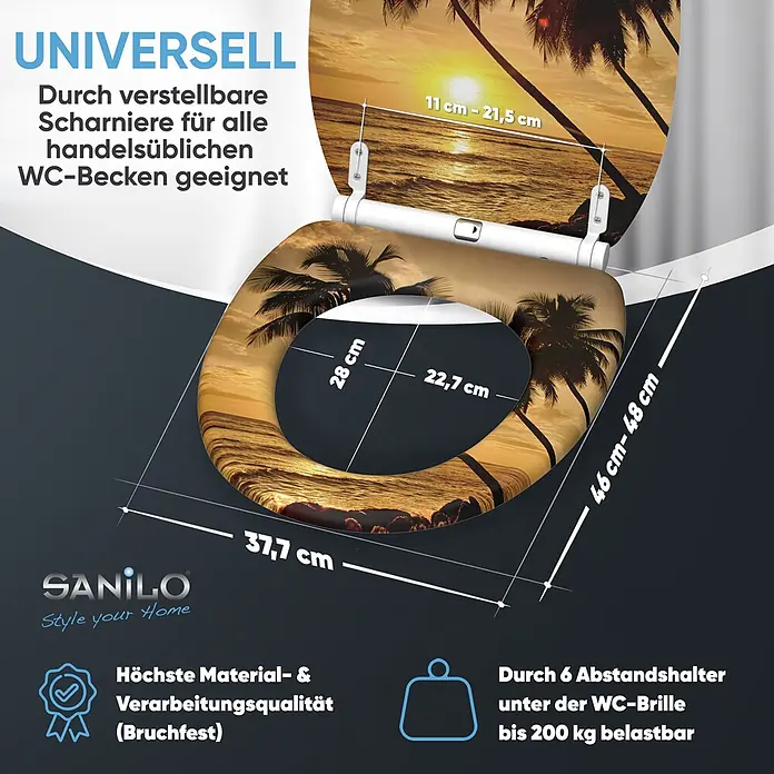 SANILO WC-Sitz Summer mit Schnellverschluss - MDF, Orange, Mit Absenkautomatik - WC-Sitz mit Strand-Sonnenuntergang-Design. Zeigt Maße, verstellbare Scharniere für universelle Passform, hohe Qualität und 200 kg Tragkraft.