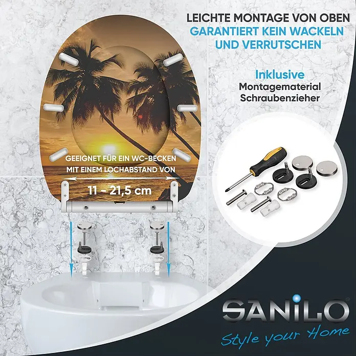 SANILO WC-Sitz Summer mit Schnellverschluss - MDF, Orange, Mit Absenkautomatik - WC-Sitz mit tropischem Sonnenuntergangs- und Palmenmotiv, auf einer WC-Schüssel montiert. Zeigt einfache Top-Montage und verstellbaren Lochabstand mit Zubehör.