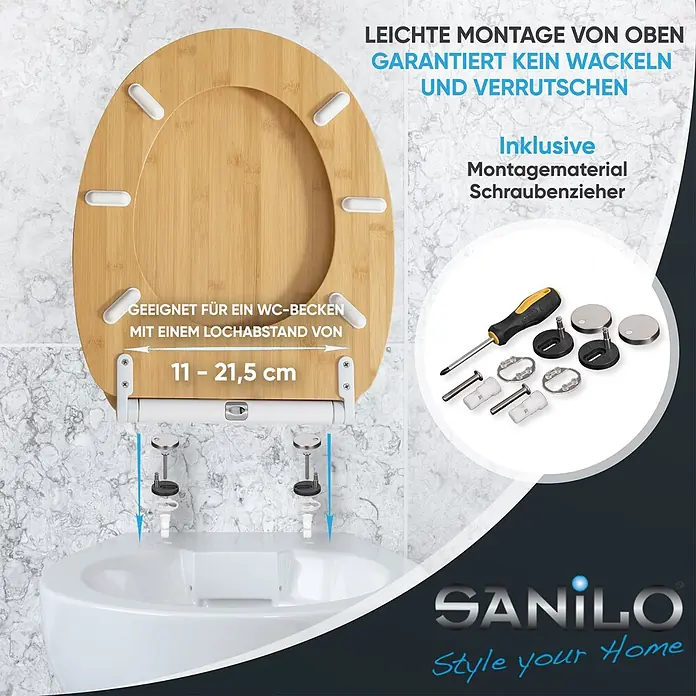 SANILO WC-Sitz Bambus mit Schnellverschluss - Holz, Braun, Mit Absenkautomatik