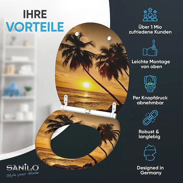 SANILO WC-Sitz Summer mit Schnellverschluss - MDF, Orange, Mit Absenkautomatik - Toilettensitz mit tropischem Strandsonnenuntergangs-Design. Merkmale: einfache Montage von oben, Schnellverschluss, robust, in Deutschland entworfen.