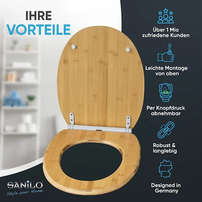 SANILO WC-Sitz Bambus mit Schnellverschluss - Holz, Braun, Mit Absenkautomatik
