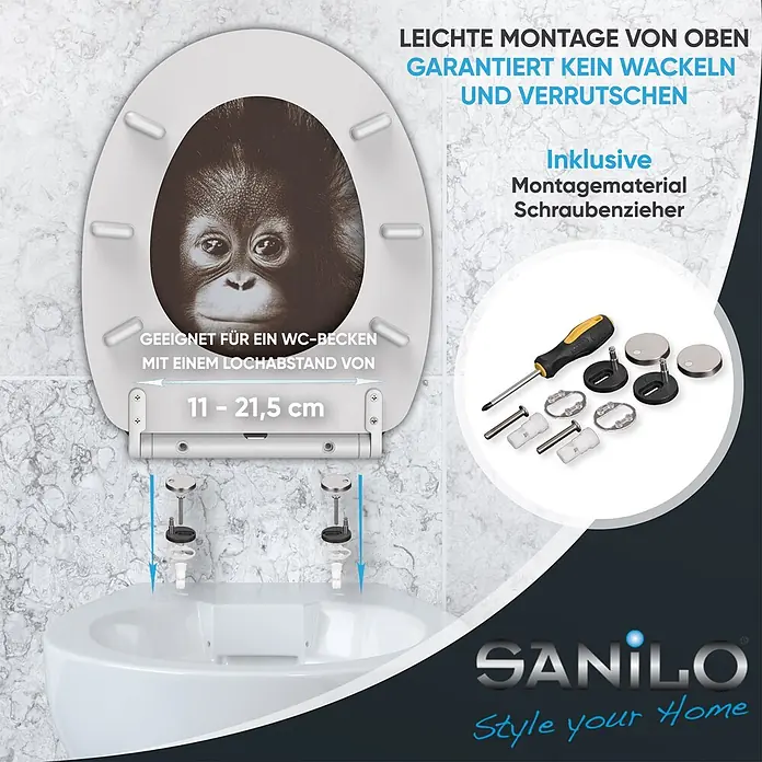 SANILO WC-Sitz Alfred mit Schnellverschluss - MDF, Braun, Mit Absenkautomatik - Weißer Toilettensitz mit Orang-Utan-Druck, einfache Top-Montage, kein Wackeln, Lochabstand 11-21,5cm, inkl. Montagematerial und Schraubenzieher.