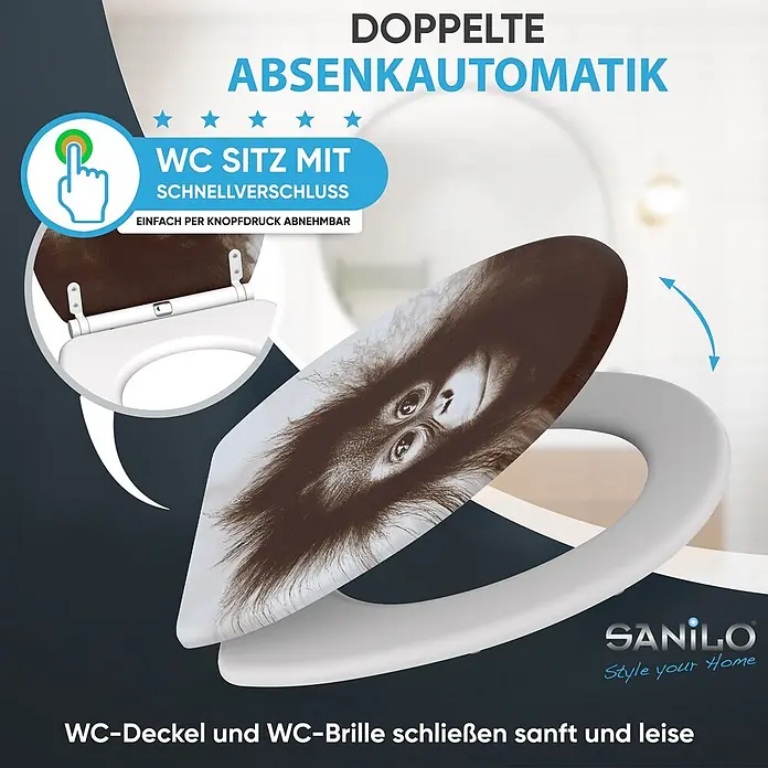 SANILO WC-Sitz Alfred mit Schnellverschluss - MDF, Braun, Mit Absenkautomatik - WC-Sitz mit Orang-Utan-Design, doppelter Absenkautomatik und Schnellverschluss zur einfachen Reinigung.
