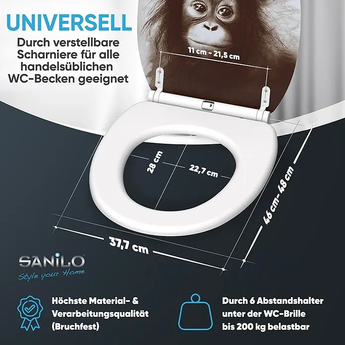 SANILO WC-Sitz Alfred mit Schnellverschluss - MDF, Braun, Mit Absenkautomatik - Universeller weißer Toilettensitz mit verstellbaren Scharnieren. Höchste Qualität, bruchfest und bis zu 200 kg belastbar.