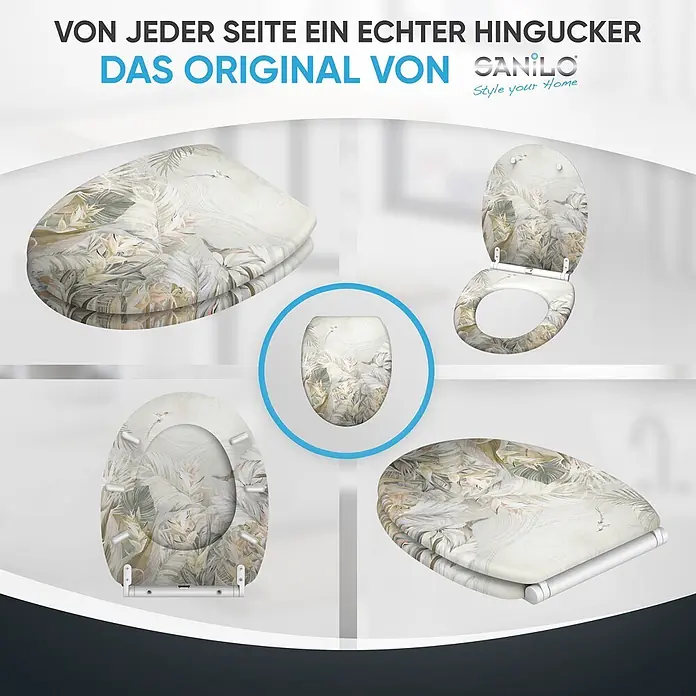 SANILO WC-Sitz Hortus mit Schnellverschluss - MDF, Weiß, Mit Absenkautomatik - Toilettensitz mit hellem tropischem Blätter- und Blumenmuster in Beige-, Grün- und Weißtönen, aus verschiedenen Blickwinkeln.