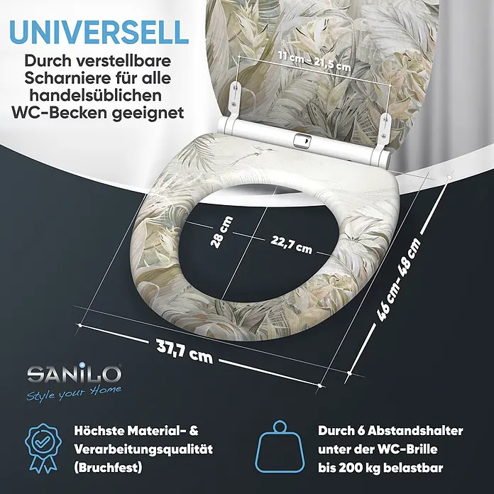 SANILO WC-Sitz Hortus mit Schnellverschluss - MDF, Weiß, Mit Absenkautomatik - Universeller Toilettensitz mit tropischem Blattmuster, verstellbaren Scharnieren und Maßen. Hohe Materialqualität, bis 200kg belastbar.