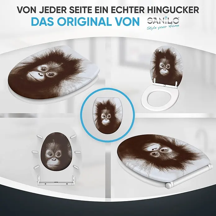 SANILO WC-Sitz Alfred mit Schnellverschluss - MDF, Braun, Mit Absenkautomatik - Weißer Toilettensitz mit sepiafarbenem Baby-Orang-Utan-Aufdruck auf dem Deckel, aus verschiedenen Blickwinkeln gezeigt.