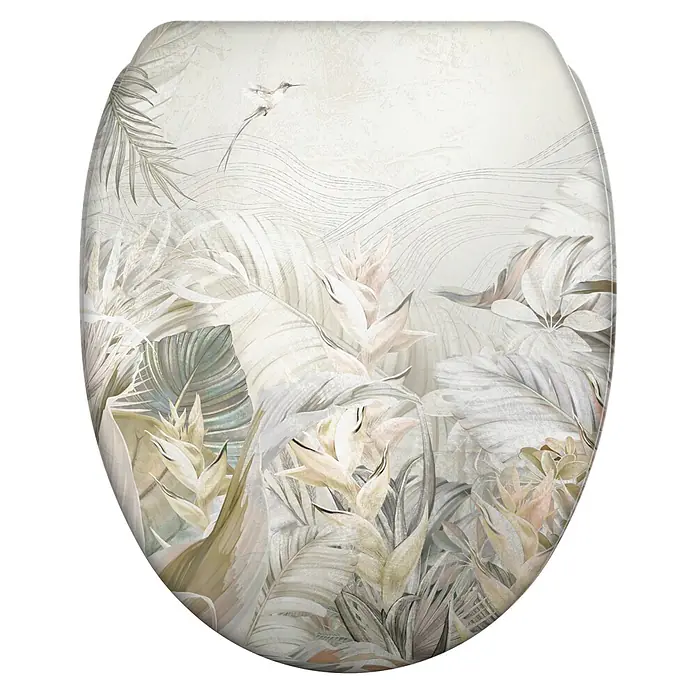 SANILO WC-Sitz Hortus mit Schnellverschluss - MDF, Weiß, Mit Absenkautomatik - Toilettensitz mit gedämpftem tropischem Blumen- und Kolibri-Motiv.