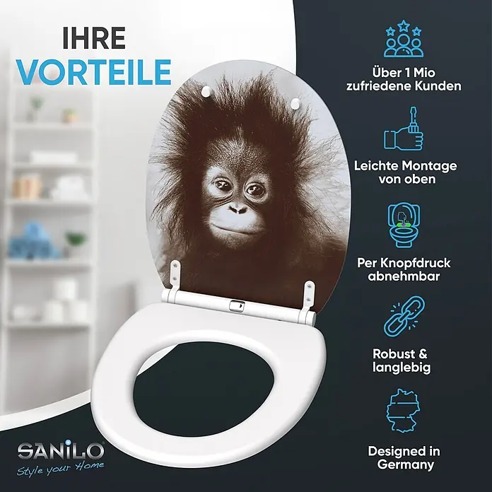 SANILO WC-Sitz Alfred mit Schnellverschluss - MDF, Braun, Mit Absenkautomatik - Weißer Toilettensitz mit Deckel, der ein Baby-Orang-Utan-Motiv zeigt.