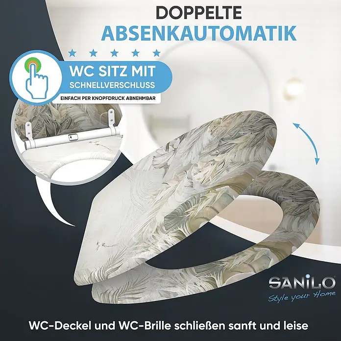 SANILO WC-Sitz Hortus mit Schnellverschluss - MDF, Weiß, Mit Absenkautomatik - WC-Sitz mit Tropenblattmuster, doppeltem Soft-Close & Quick-Release-System für leichte Reinigung.
