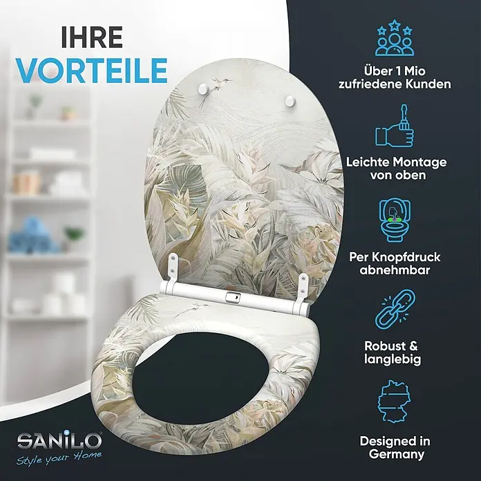SANILO WC-Sitz Hortus mit Schnellverschluss - MDF, Weiß, Mit Absenkautomatik - Weißer Toilettensitz mit tropischem Blattmuster, offen gezeigt.