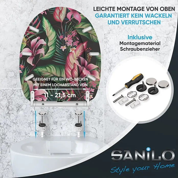 SANILO WC-Sitz Bali mit Schnellverschluss - MDF, Multicolor, Mit Absenkautomatik - Ein WC-Sitz mit dunklem Tropenmuster, auf einer Toilette montiert. Inklusive Montagezubehör und Schraubenzieher.