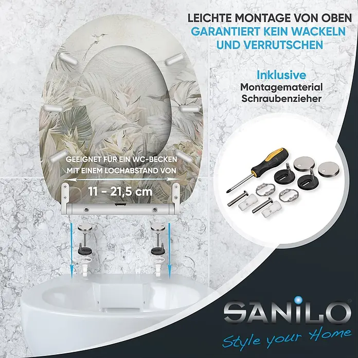 SANILO WC-Sitz Hortus mit Schnellverschluss - MDF, Weiß, Mit Absenkautomatik - WC-Sitz mit tropischem Muster, von oben montierbar, passend für Lochabstand 11-21,5 cm, inkl. Montagematerial & Schraubenzieher.
