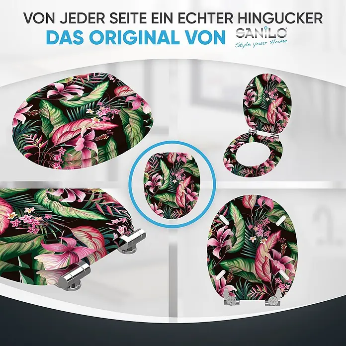 SANILO WC-Sitz Bali mit Schnellverschluss - MDF, Multicolor, Mit Absenkautomatik - WC-Sitz mit dunklem Tropenmuster aus rosa und grünen Blättern und Blüten, aus verschiedenen Blickwinkeln gezeigt.