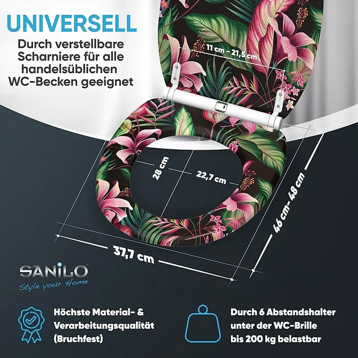 SANILO WC-Sitz Bali mit Schnellverschluss - MDF, Multicolor, Mit Absenkautomatik - Toilettensitz mit tropischem Blumenmuster, verstellbaren Scharnieren (11-21,5cm), Maßen (46-48x37,7cm) und 200 kg Belastbarkeit.