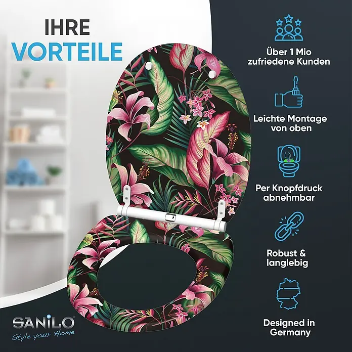 SANILO WC-Sitz Bali mit Schnellverschluss - MDF, Multicolor, Mit Absenkautomatik - Klositz mit tropischem Blumendesign (rosa-grüne Blätter/Blüten auf dunklem Grund), weiße Scharniere.
