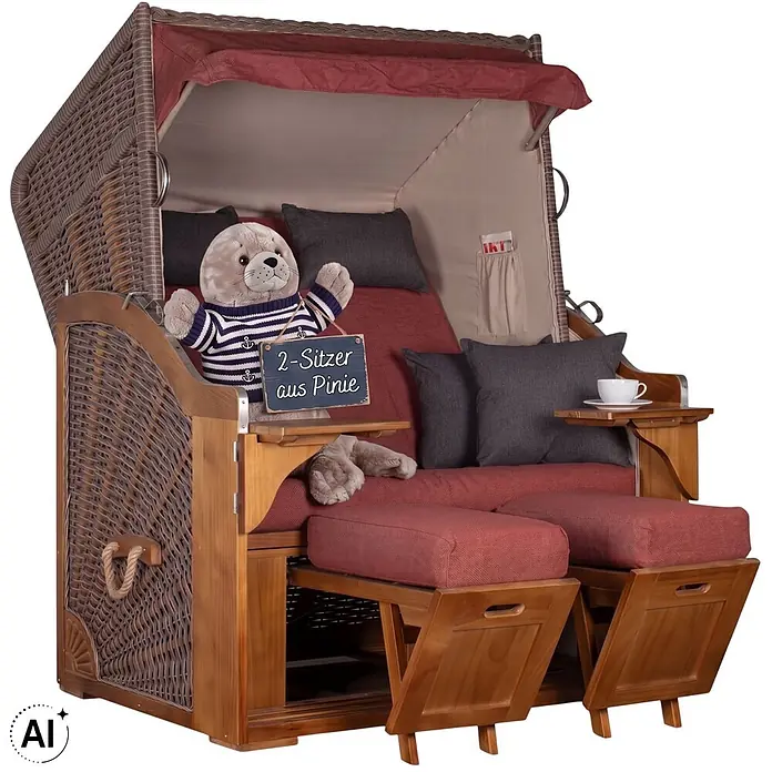 Bene Living Strandstuhl Strandkorb Schleswig Pinie Braun PE Mokka Dessin 566 - 1 Stk., Pinienholz. Polyrattan, Rückenlehne verstellbar, PE Mokka - Zweisitziger Strandkorb aus Korbgeflecht und Pinienholz mit roten Polstern und ausziehbaren Fußstützen.