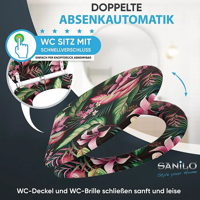 SANILO WC-Sitz Bali mit Schnellverschluss - MDF, Multicolor, Mit Absenkautomatik - WC-Sitz mit tropischem Blumenmuster, Schnellverschluss und doppelter Absenkautomatik für sanftes Schließen.