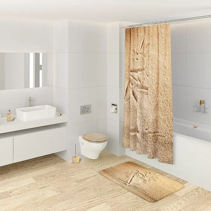 SANILO Badteppich rund Sunshine Ø 80 cm - 80 x 80 cm, Polyester, Braun - Sandfarbener Duschvorhang und Badematte mit Sandtextur und Strandmotiven in einem modernen Badezimmer.