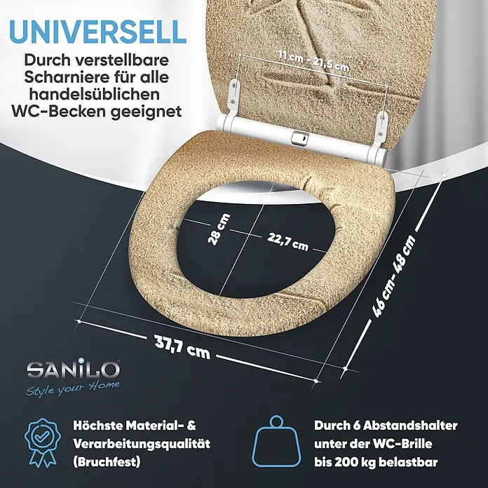 SANILO WC-Sitz Sunshine mit Schnellverschluss - MDF, Braun, Mit Absenkautomatik - Beiger Toilettensitz in Sandoptik mit verstellbaren Universalscharnieren, Maßen (z.B. 46-48cm) und 200kg Belastbarkeit.
