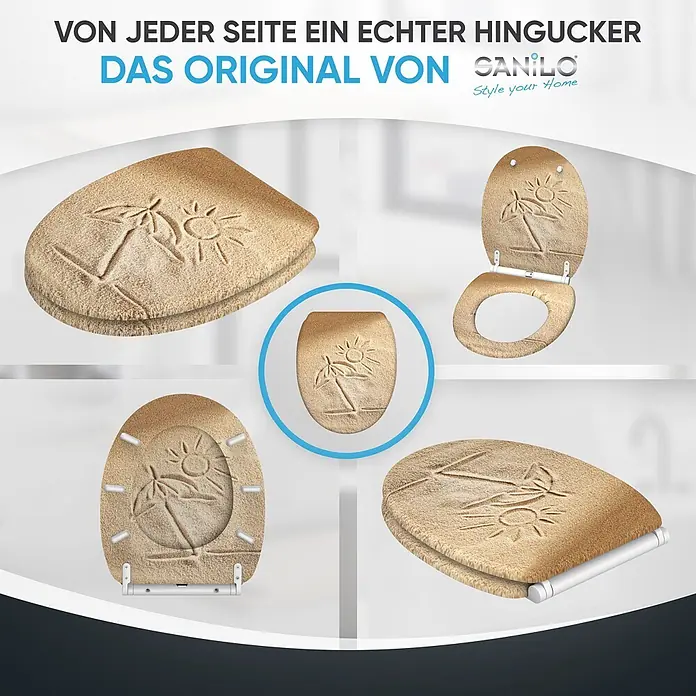 SANILO WC-Sitz Sunshine mit Schnellverschluss - MDF, Braun, Mit Absenkautomatik - Toilettensitz mit Sandeffekt-Oberfläche und einem eingravierten Design aus Palme und Sonne.