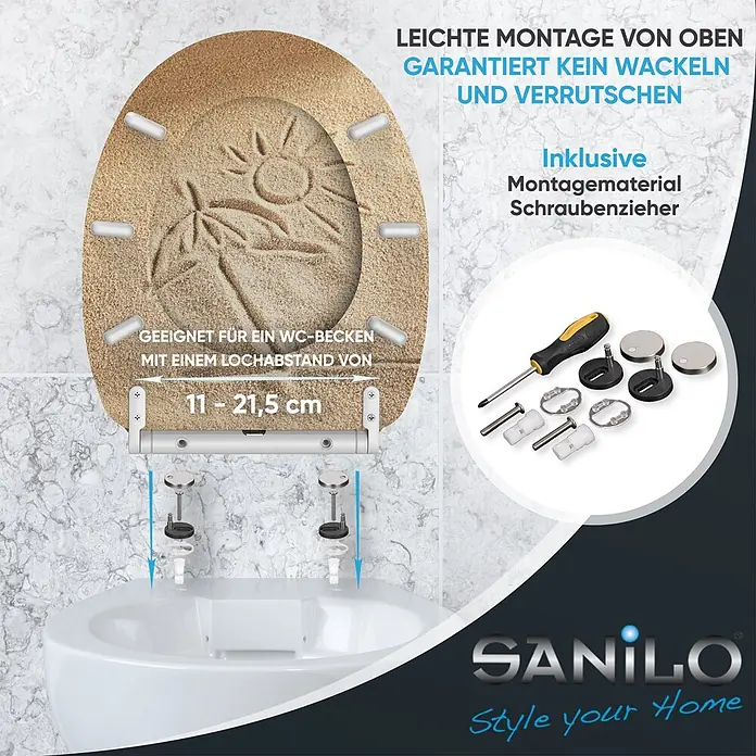 SANILO WC-Sitz Sunshine mit Schnellverschluss - MDF, Braun, Mit Absenkautomatik - WC-Sitz in Sandoptik mit Sonne und Palme, zeigt Top-Montagesystem und Werkzeuge. Lochabstand 11-21,5 cm für sicheren Halt.