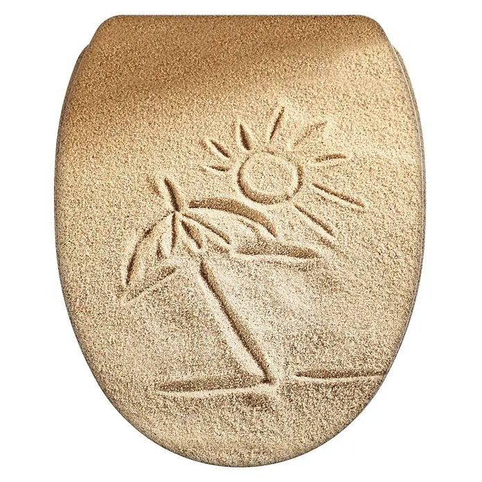 SANILO WC-Sitz Sunshine mit Schnellverschluss - MDF, Braun, Mit Absenkautomatik - Sandtexturierter Toilettensitzbezug mit gezeichneter Palme und Sonne.