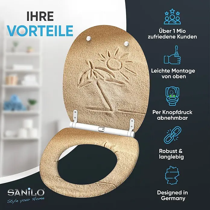 SANILO WC-Sitz Sunshine mit Schnellverschluss - MDF, Braun, Mit Absenkautomatik - WC-Sitz mit sandähnlicher Textur und einer Zeichnung von Sonne und Palme. Merkmale: einfache Montage, abnehmbar, robust und langlebig.