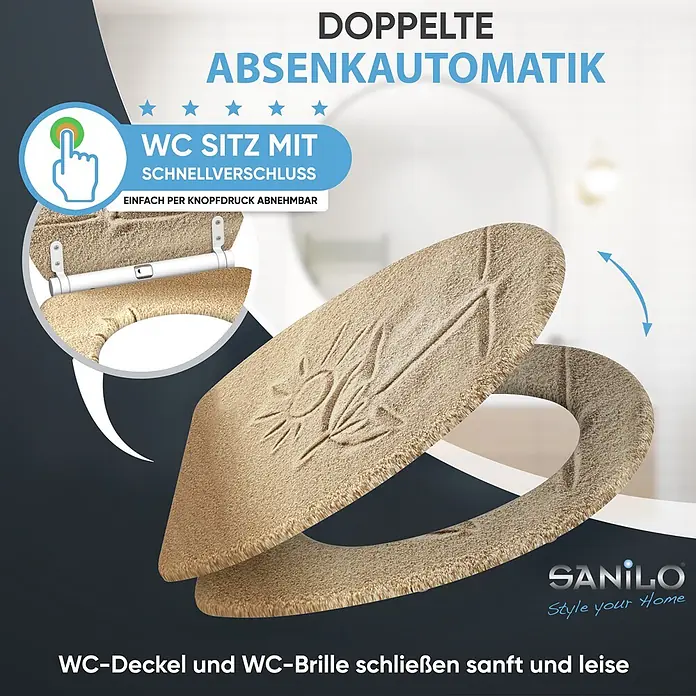SANILO WC-Sitz Sunshine mit Schnellverschluss - MDF, Braun, Mit Absenkautomatik - Sandfarbener WC-Sitz mit Feder-Sonnen-Muster, Soft-Close-Funktion und Schnellverschluss.