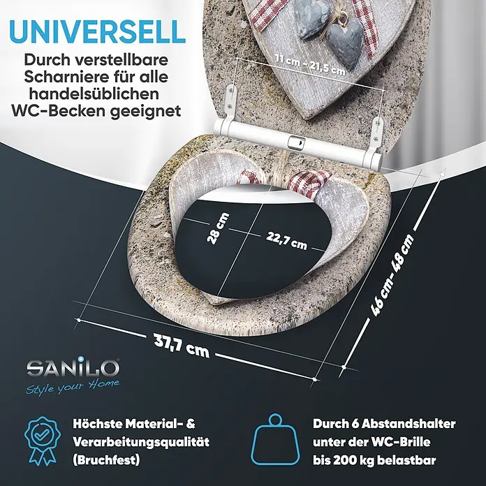 SANILO WC-Sitz Bavaria mit Schnellverschluss - MDF, Braun, Mit Absenkautomatik - Toilettensitz in Steinoptik mit verstellbaren Scharnieren für universelle Passform, hohe Qualität und bis zu 200 kg Tragkraft.