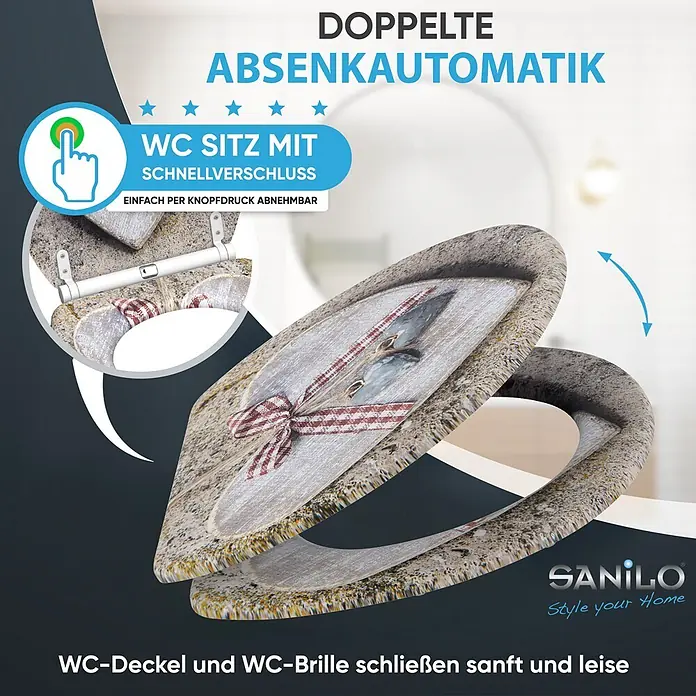 SANILO WC-Sitz Bavaria mit Schnellverschluss - MDF, Braun, Mit Absenkautomatik - Rustikaler grauer WC-Sitz mit Schnellverschluss und Absenkautomatik. Holzoptik mit Dekoband, leicht abnehmbar zur Reinigung.