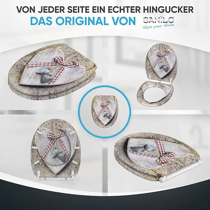 SANILO WC-Sitz Bavaria mit Schnellverschluss - MDF, Braun, Mit Absenkautomatik - Dekorativer WC-Sitz im rustikalen Stil mit Herzmotiv, Steinoptik und Holzherz mit Karoband.