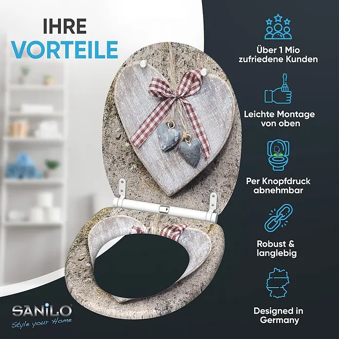 SANILO WC-Sitz Bavaria mit Schnellverschluss - MDF, Braun, Mit Absenkautomatik - Rustikaler WC-Sitz in Steinoptik mit Holzherz-Dekorationen, Top-Fix-Montage und Schnellverschlussfunktion.