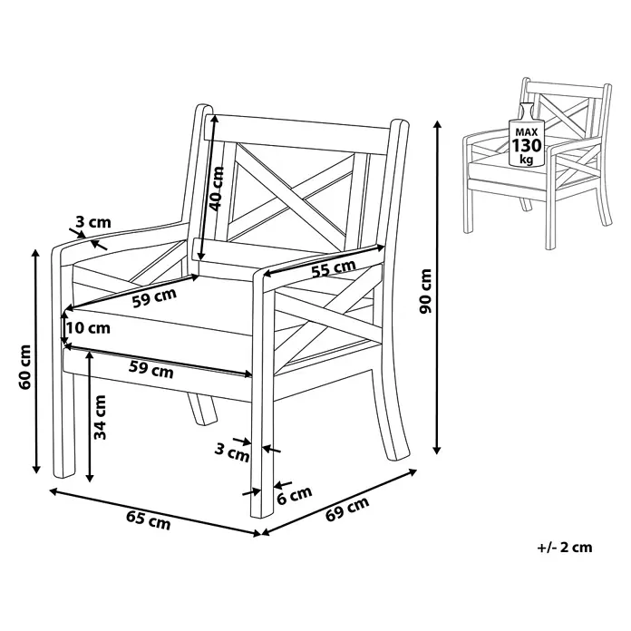 Beliani Gartenstuhl BALTIC - 1 Stk., Akazienholz, Weiß, B x T x H: 65 x 69 x 90 cm - Strichzeichnung eines Holzsessels mit detaillierten Maßen und einer maximalen Tragfähigkeit von 130 kg.