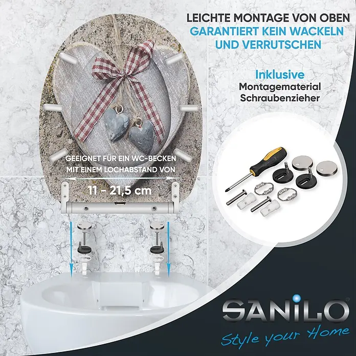 SANILO WC-Sitz Bavaria mit Schnellverschluss - MDF, Braun, Mit Absenkautomatik - WC-Sitz mit Top-Fix-Scharnieren, Montageanleitung und Schraubendreher. Verstellbarer Lochabstand 11-21,5 cm für einfache, stabile Installation.