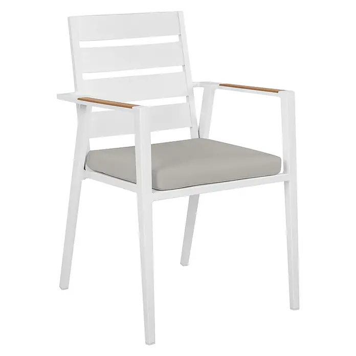 8er-Set Gartenstuhl TAVIANO in Weiß/Grau/Braun -  - Weißer Aluminium-Sessel mit Lamellenrücken, grauem Kissen und hellen Holzarmlehnen.