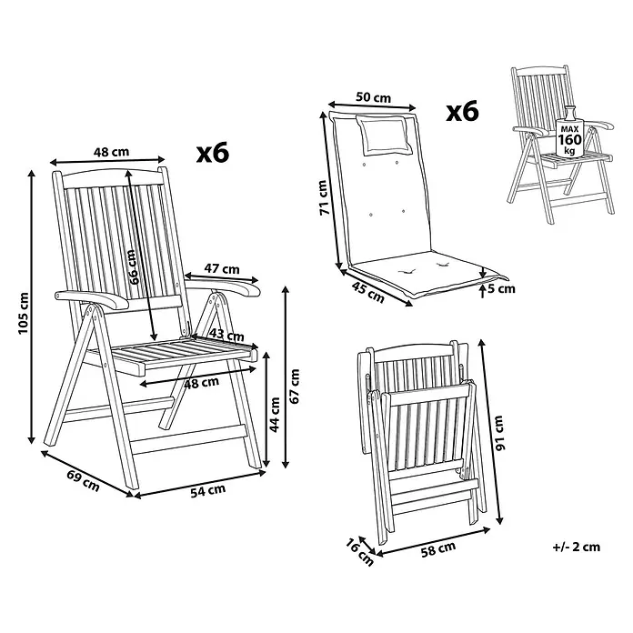 12er-Set Gartenstuhl JAVA in Braun/Grau -  - Set aus 6 klappbaren Gartenstühlen aus Holz mit Maßen, 160 kg Tragfähigkeit und passenden Auflagen.