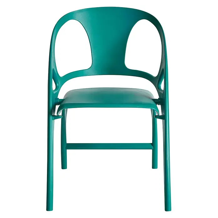 4er-Set Gartenstuhl NEMI in Grün -  - Türkisgrüner moderner Stuhl mit auffälliger Rückenlehne und zwei großen Ausschnitten. Der Stuhl hat eine geformte Sitzfläche und vier stabile Beine, wahrscheinlich aus Kunststoff.