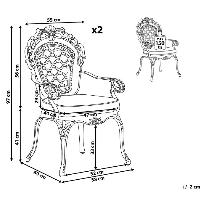Beliani Gartenstuhl-Set LIZZANO - 2 Stk., Aluminium, Braun, B x T x H: 69 x 58 x 97 cm - Umrisszeichnung eines verzierten Sessels mit Abmessungen und max. Belastung von 150 kg.