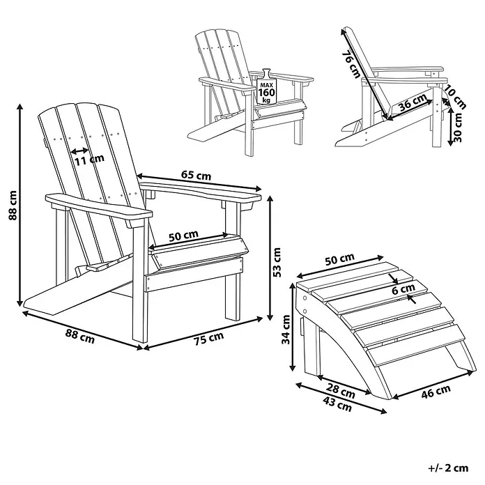 2-tlg Gartenstuhl ADIRONDACK in Grau -  - Adirondack-Stuhl und passende Fußstütze aus Holz mit Maßen. Max. Belastung 160 kg.