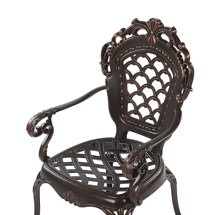 Beliani Gartenstuhl-Set LIZZANO - 2 Stk., Aluminium, Braun, B x T x H: 69 x 58 x 97 cm - Ein reich verzierter dunkelbronzener Metall-Gartenstuhl mit dekorativer Rückenlehne und Armlehnen.