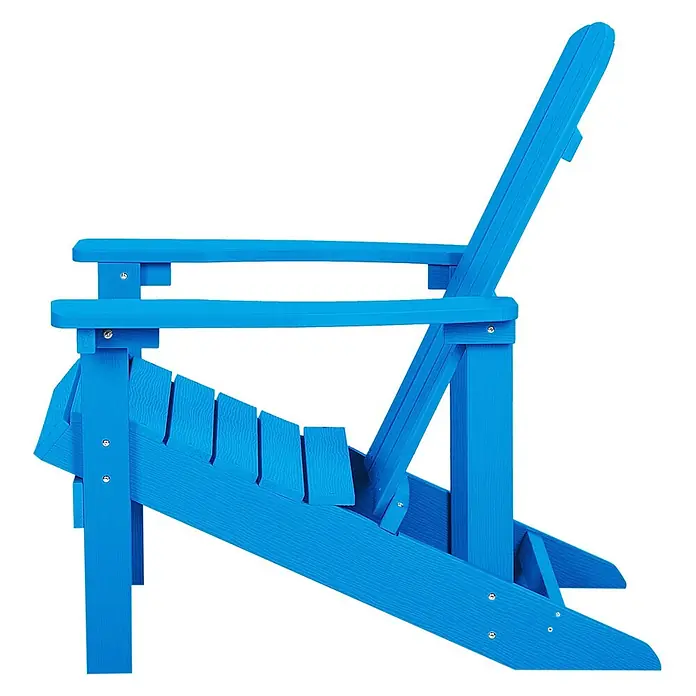 2-tlg Gartenstuhl ADIRONDACK in Blau -  - Seitenansicht eines leuchtend blauen Adirondack-Stuhls mit klassischem Lattenrost-Design und breiten Armlehnen.